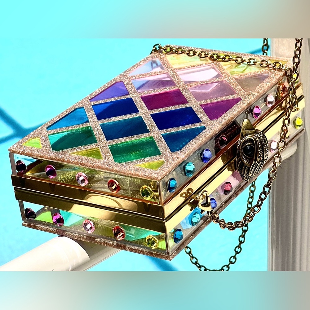 Kurt Geiger NWT Acrylic Stained Glass-like & Jeweled Bag w/Zip Gold Insert Bag
